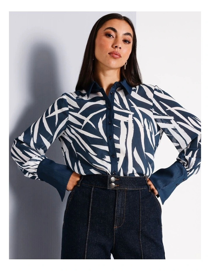 Recycled Polyester Blend Sheer Printed Shirt in Airforce