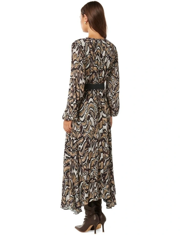 Rochelle Asymmetric Hem Midi Dress in Brown Multi
