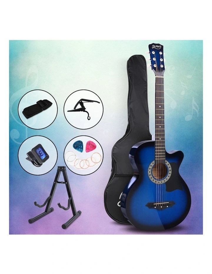 38 Inch Acoustic Guitar Wooden Body Steel String Full Size w/ Stand Blue