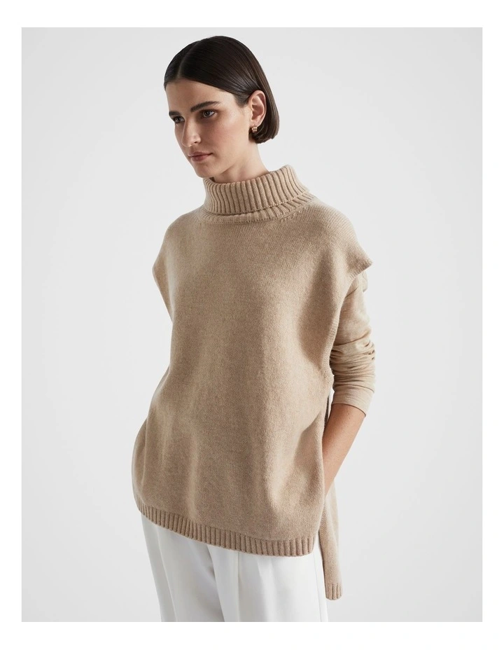 Roll Neck Poncho in Champagne Beige Marle