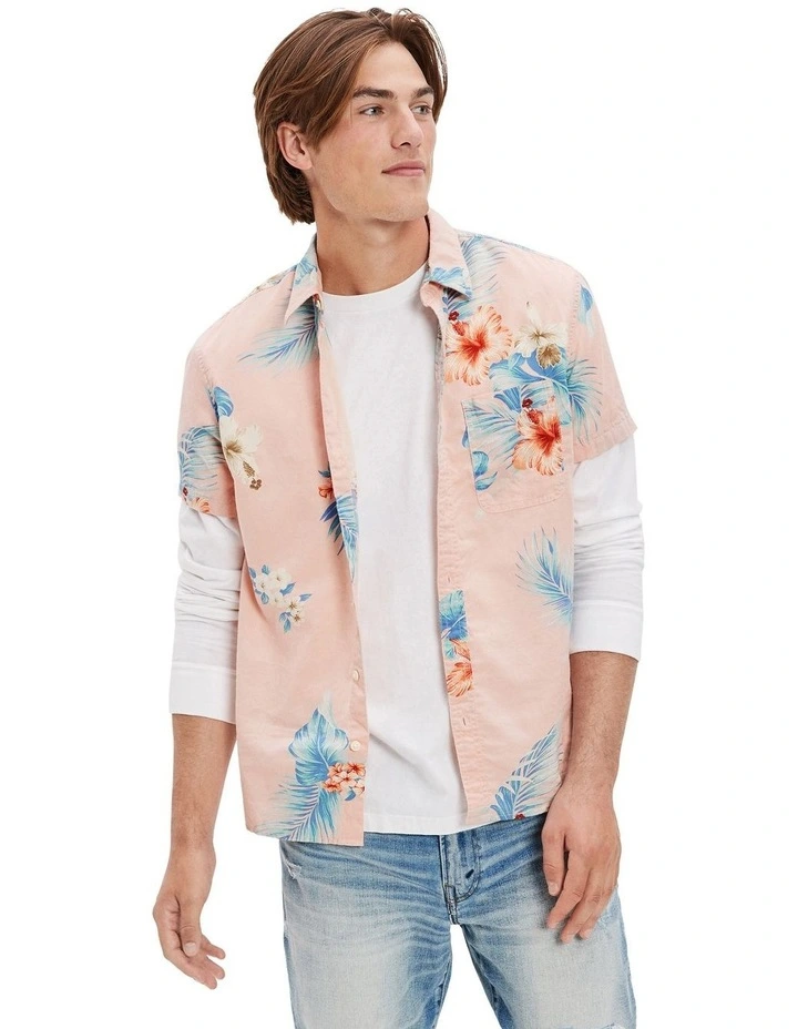 Tropical Button-Up Resort Shirt in Ballet Pink