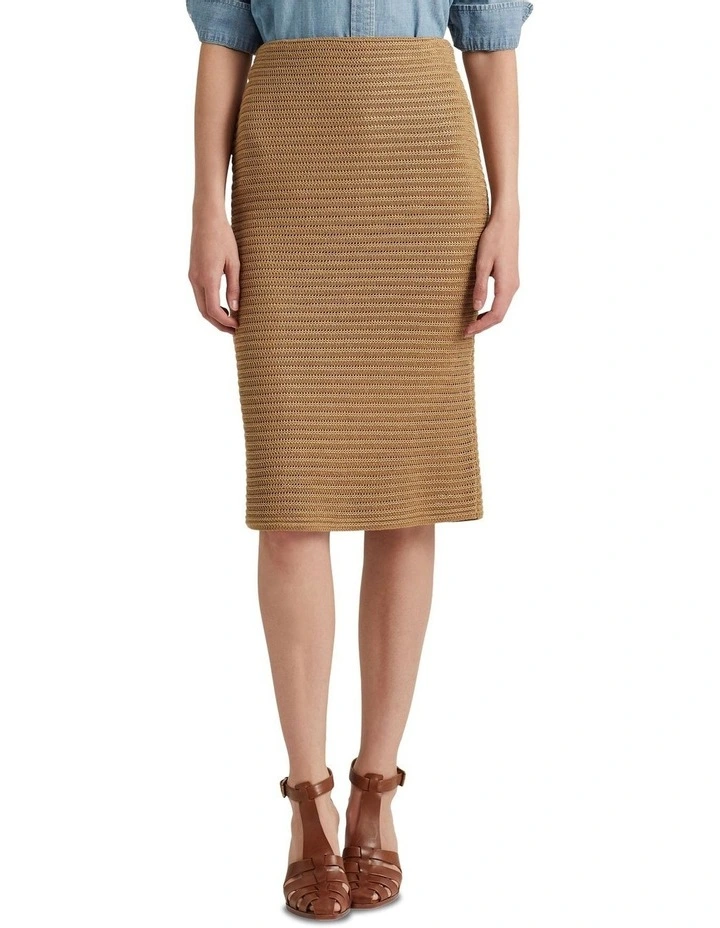 Metallic Cotton-Blend Knit Pencil Skirt in Gold