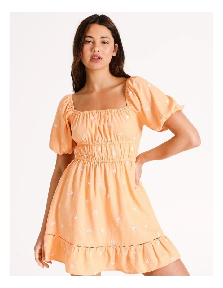 Linen Embroidered Mini Dress in Orange