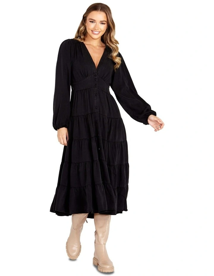 Charity Tiered Midi Dress in Black