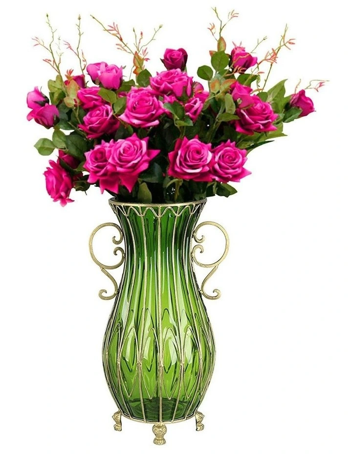 Glass Tall Floor Vase with Artificial Fake Flower Set 12 Pieces 51cm in Green