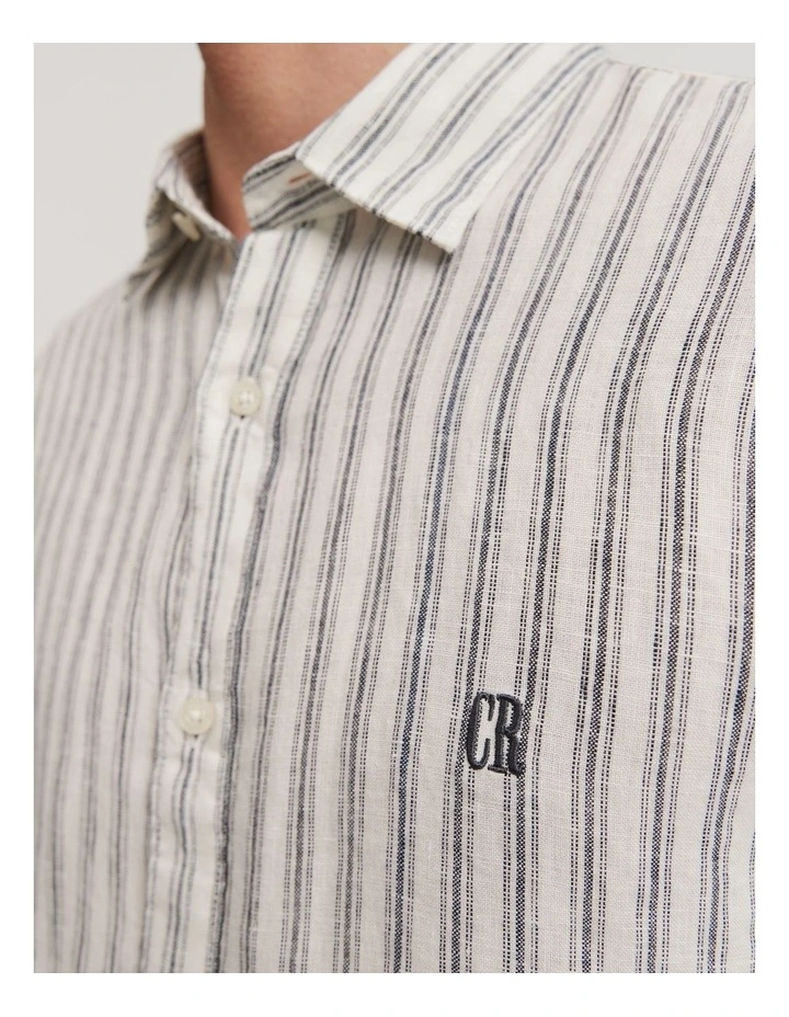 Regular Fit Organically Grown Linen Stripe Short Sleeve Shirt in Navy