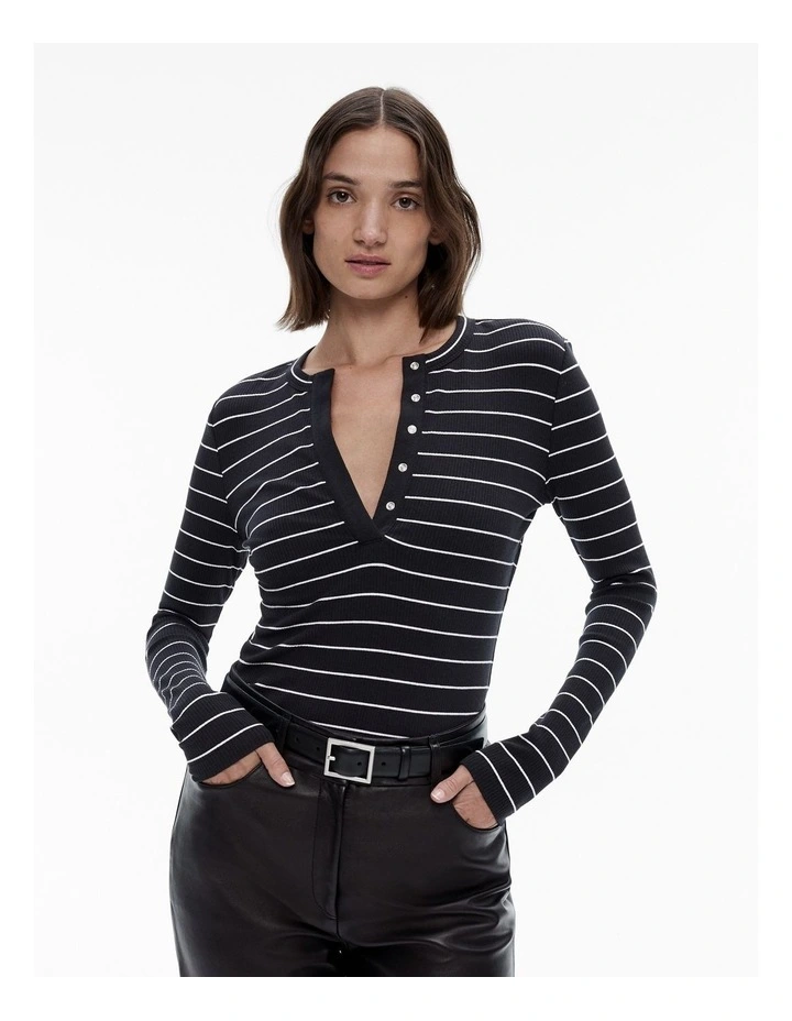 Stripe Cotton Blend Henley Top in Black