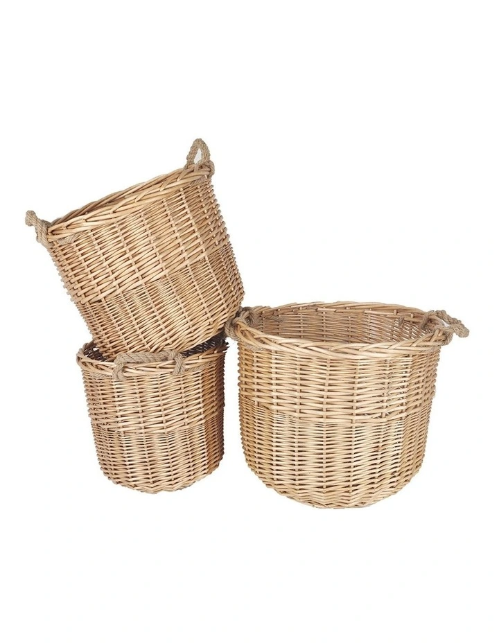 3 Piece Wicker Storage Basket with Handles set in Natural