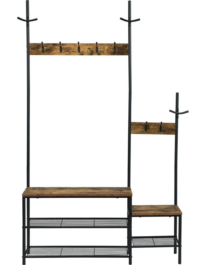 2 in 1 Hall Tree Coat Rack & Shoe Bench in Brown