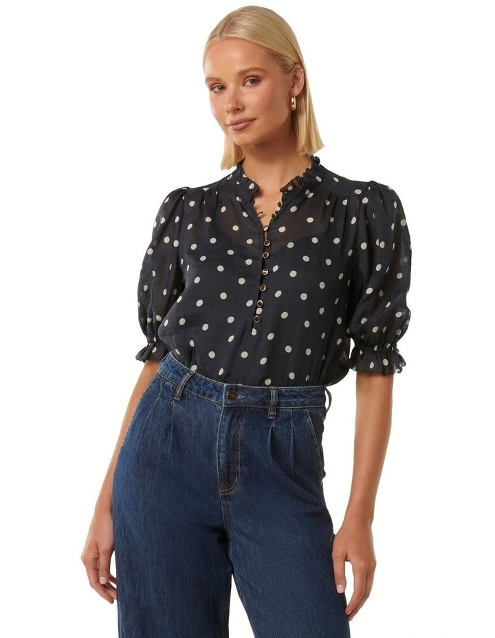 Rita Half Placket Ramie Blouse in Navy