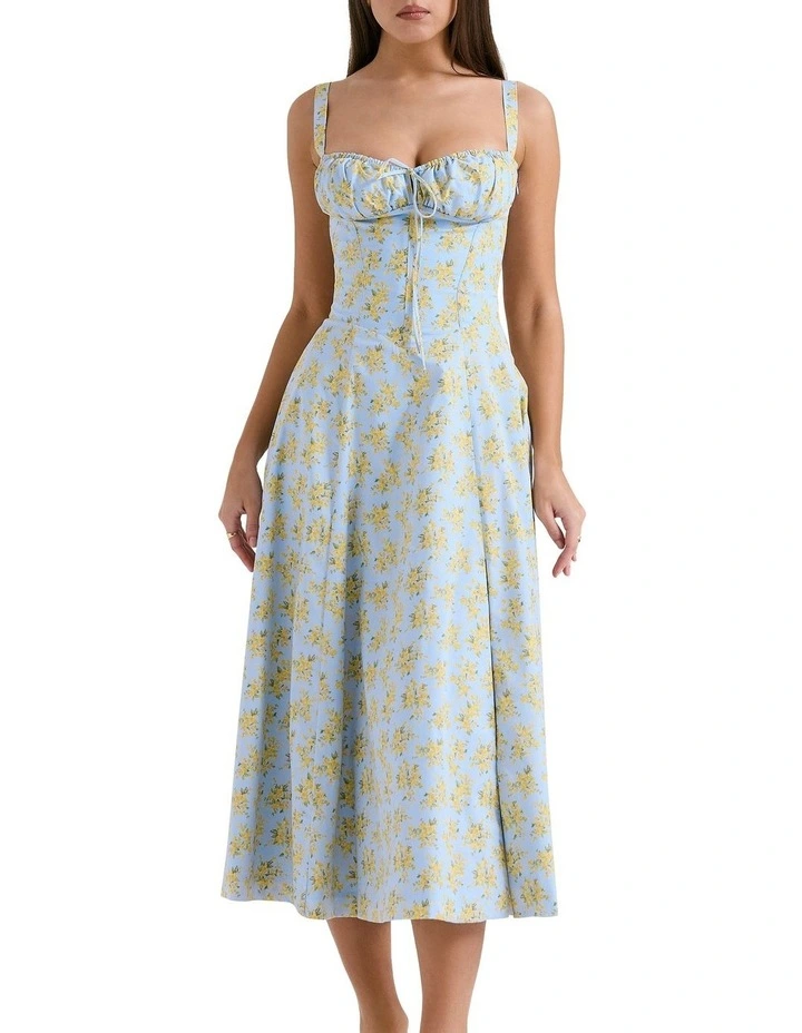 Carmen Cotton Bustier Sundress in Soft Blue Vintage Floral Print