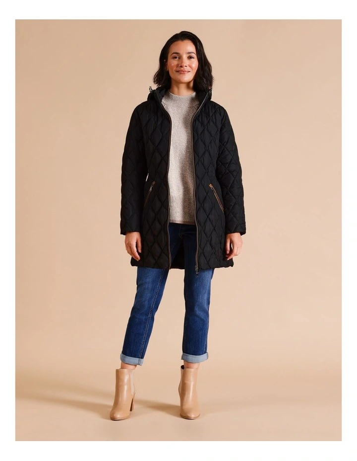 Recycled Polyester Longline Quilted Jacket With PU Trim in Black