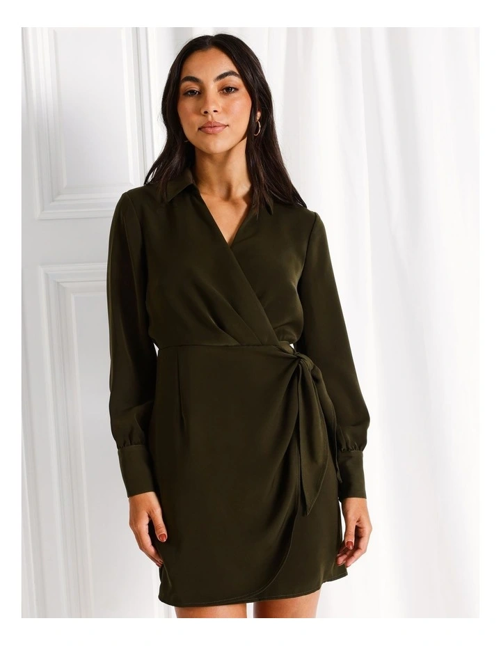 Recycled Satin Tie Waist Mini Shirt Dress in Khaki
