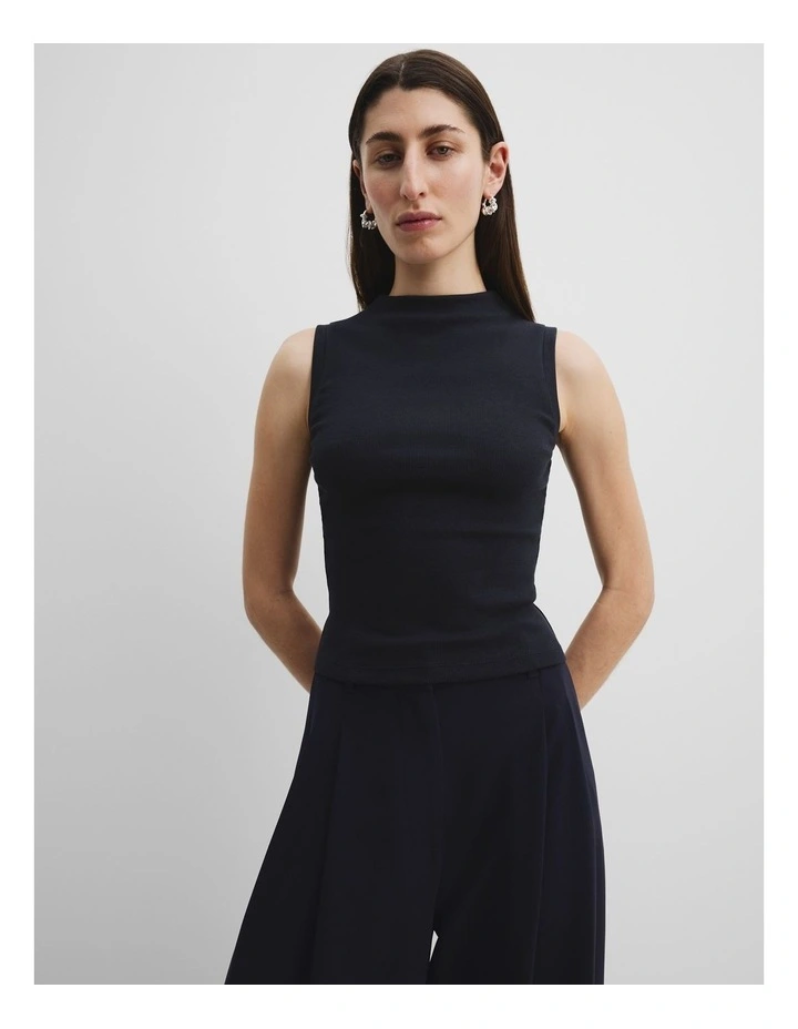 Australian Cotton Mock Neck Rib Tank in Deep Navy