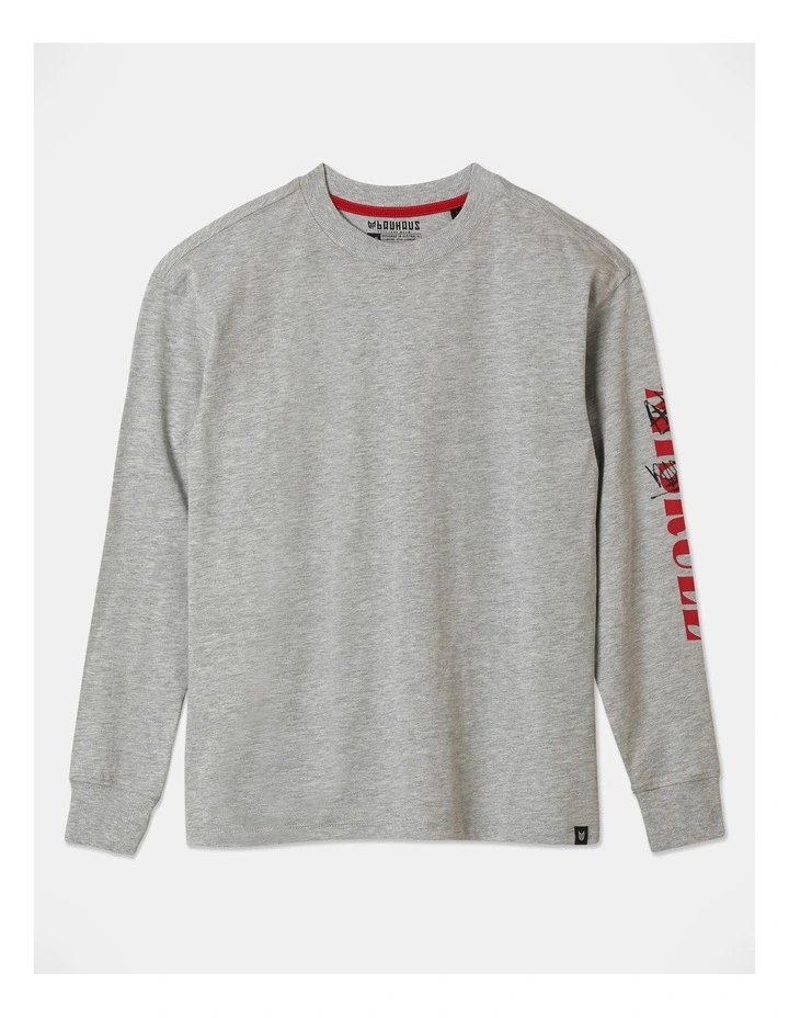 Long Sleeve Print tee With Cuff in Grey Marle