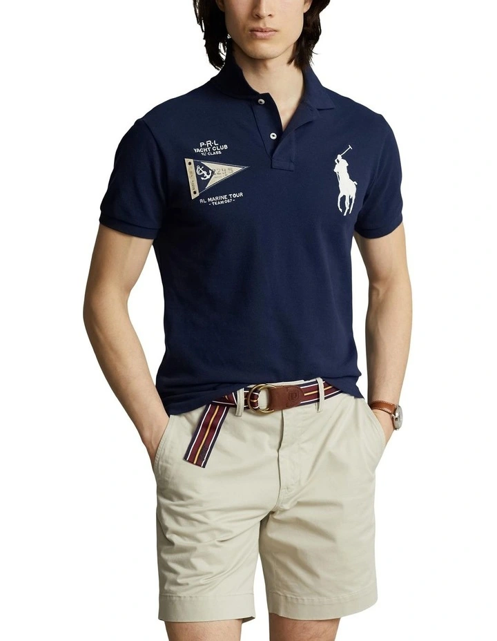 Custom Slim Fit Big Pony Mesh Polo Shirt in Navy