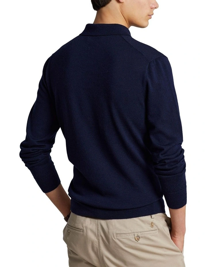 Washable Wool Polo-Collar Sweater in Blue