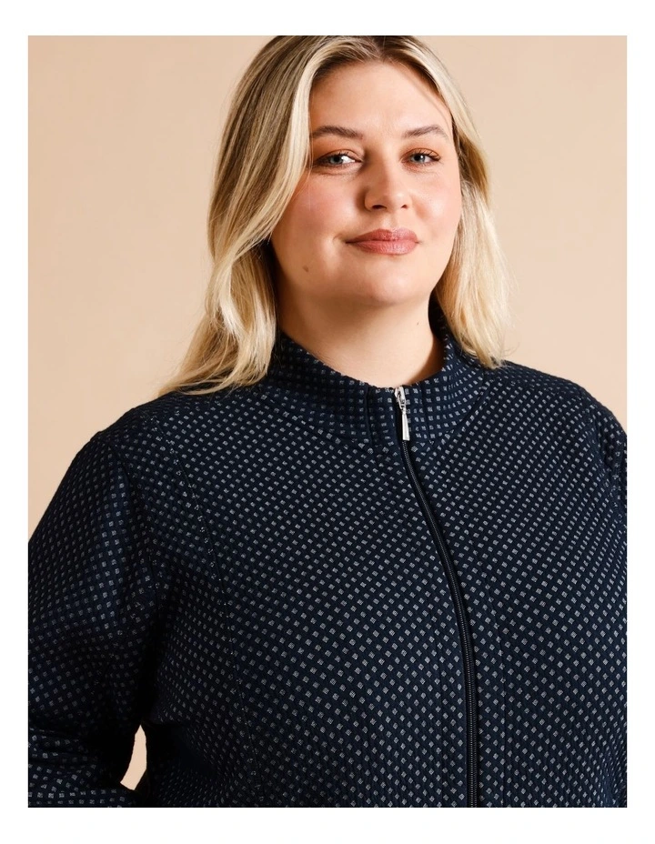 Recycled Polyester Blend Zip Thru Honeycomb Jacquard Sweat Top in Navy