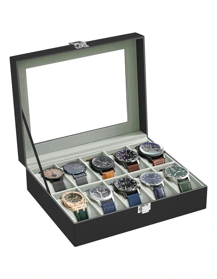 10 Slot Watch Box with Glass Lid Removable Watch Pillows Case in Black