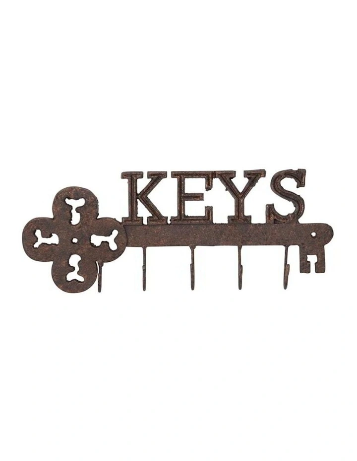 Cast Iron Skeleton key Design Wall Hanger 5 Hook in Brown