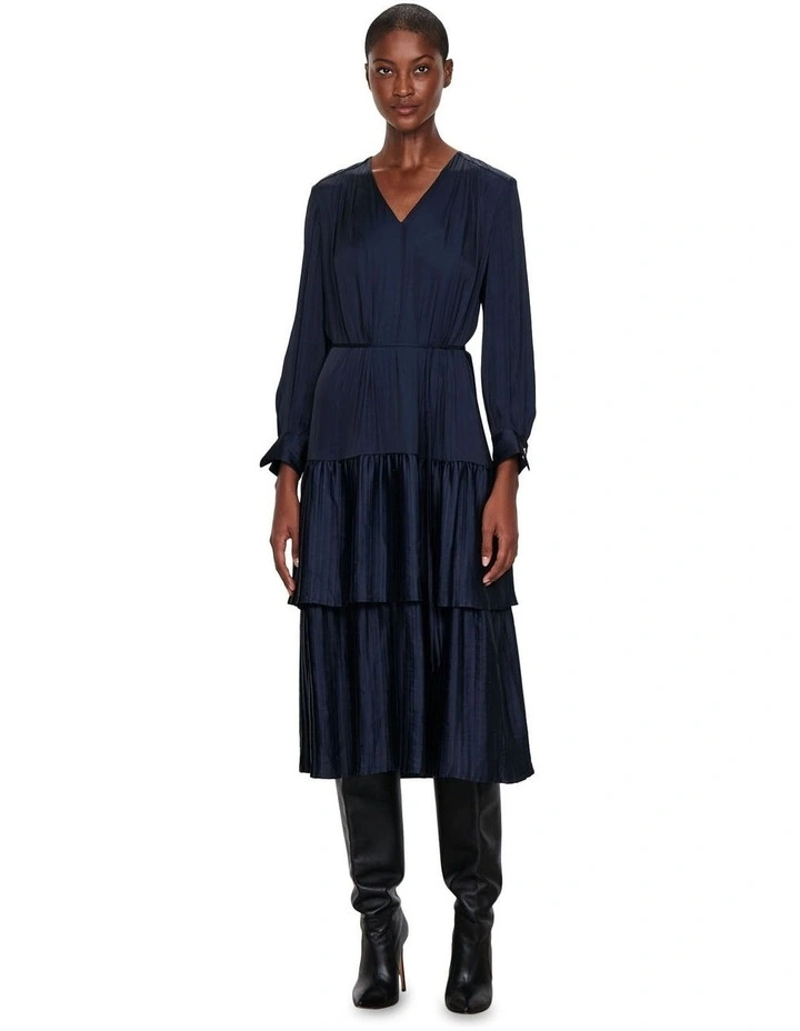 Soft Satin Pleated Midi Dress in Ink