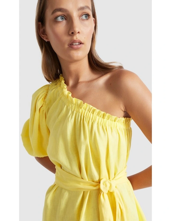 Linen One Shoulder Mini Dress in Lemon Drop