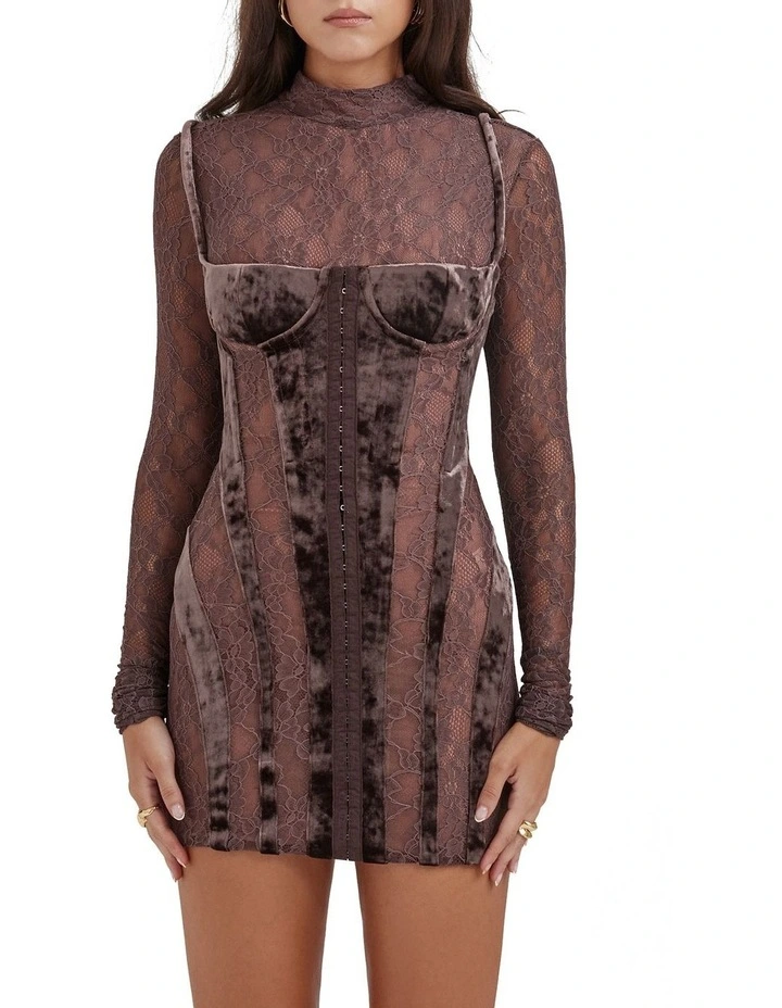 Marica Velvet & Lace Corset Dress in Brown
