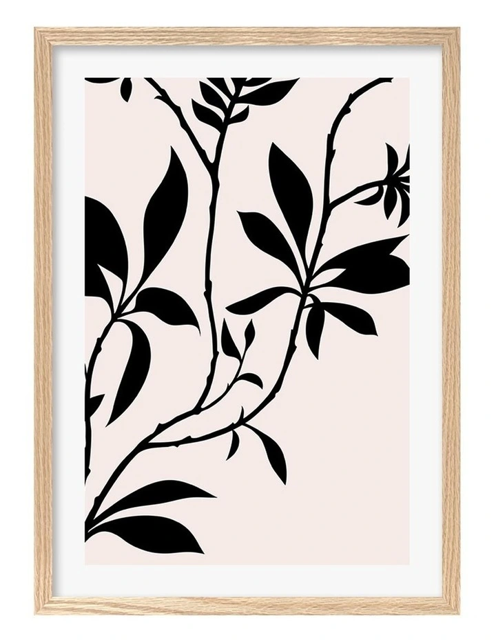 Australian Made Silhouette Branch Leaves Day Art Print A2 in Natural Frame