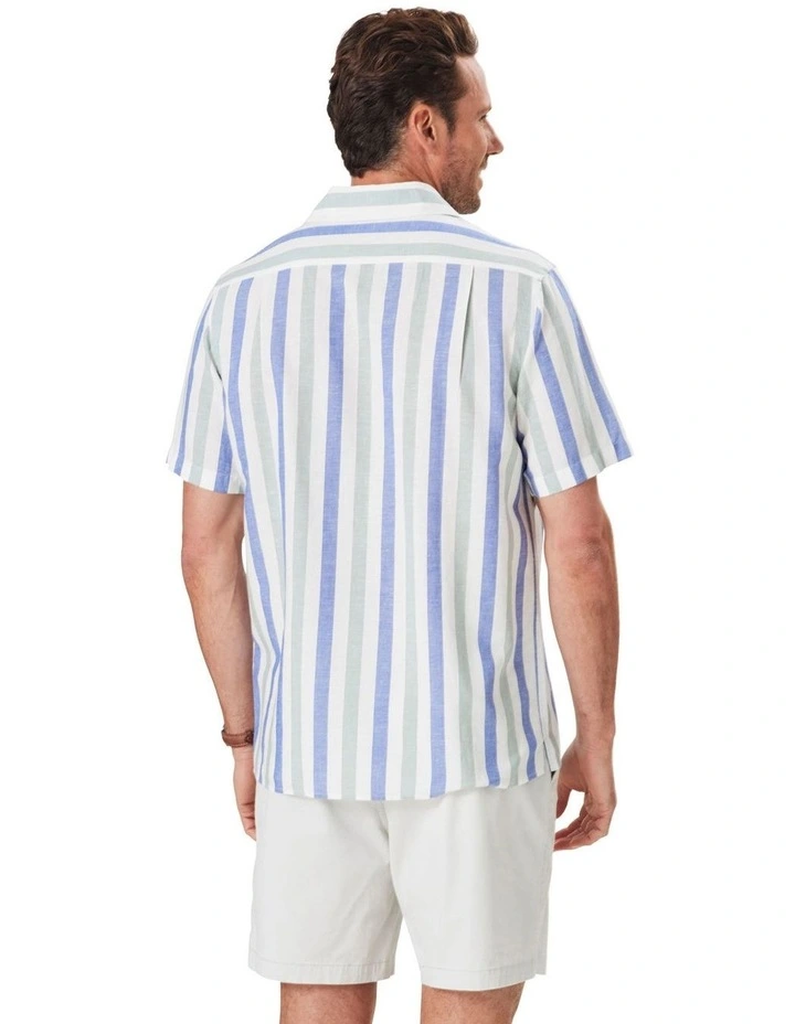 Linen Blend Deck Stripe Short Sleeve Shirt in Sage