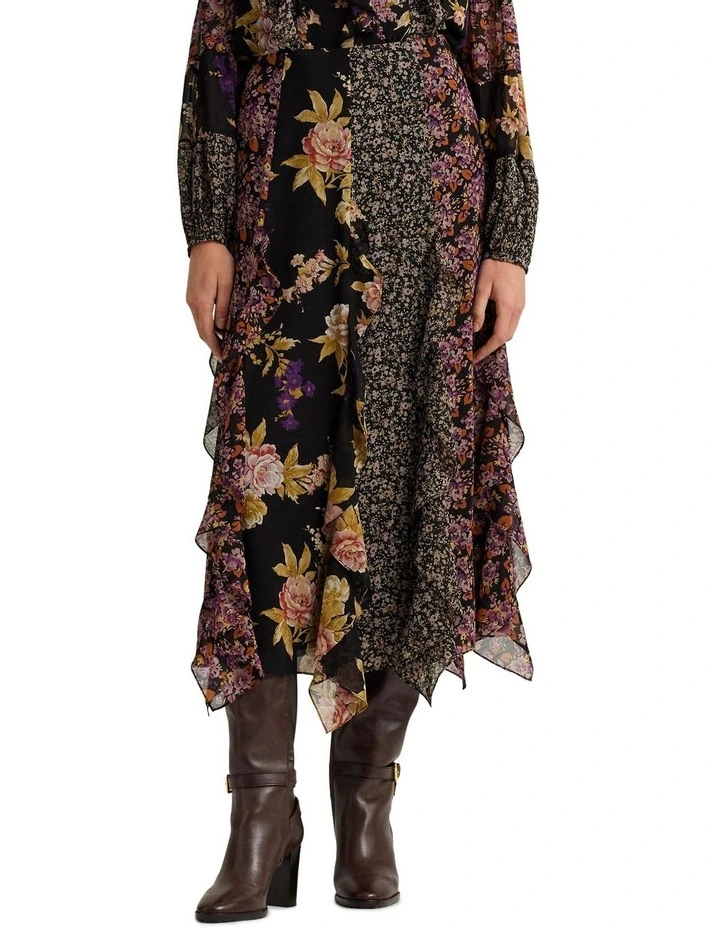 Mixed-Floral Ruffle-Trim Georgette Skirt in Black