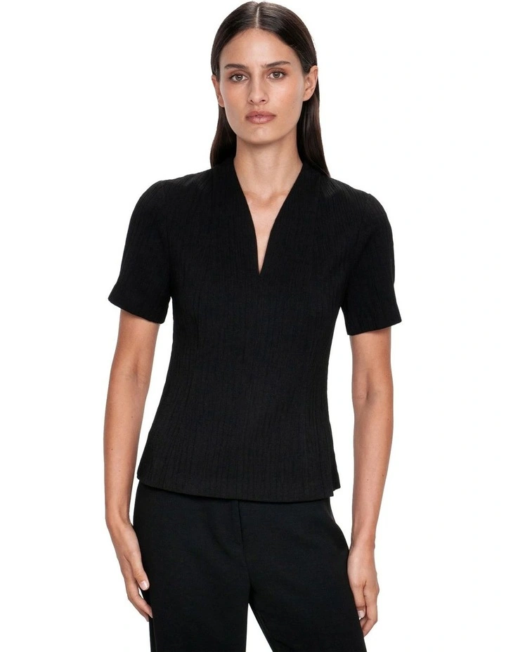 Crinkle V Neck Top in Black