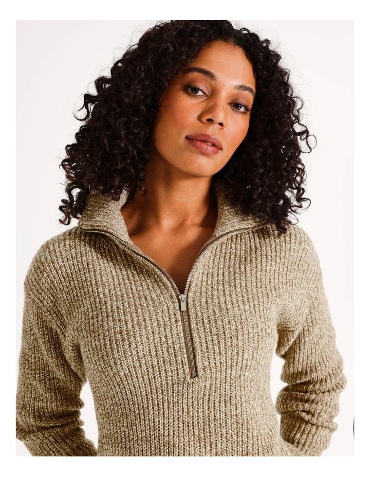 Wool Blend Twist Yarn Zip Neck Jumper in Chestnut