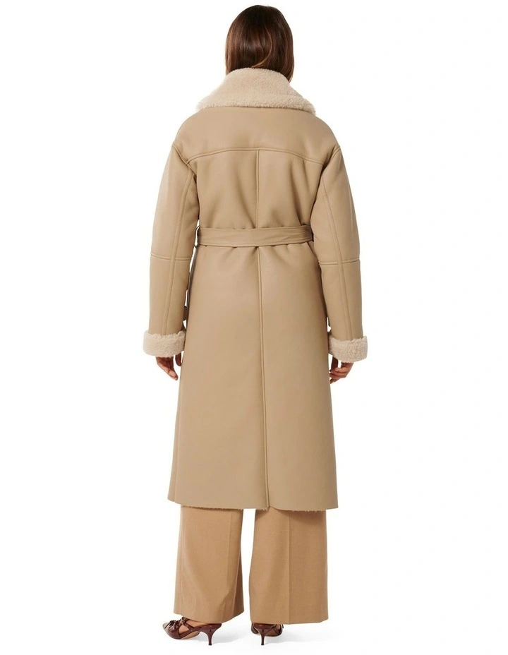 Alix Vegan Leather Maxi Shearling Coat in Camel