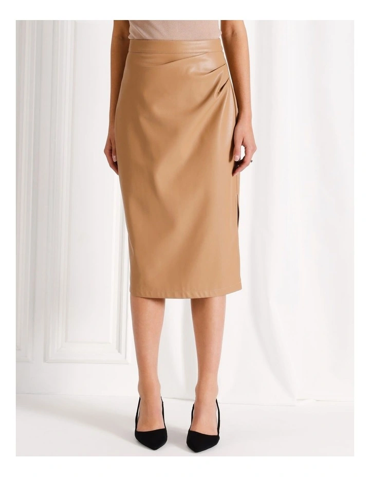 Faux Leather Midi Skirt in Camel