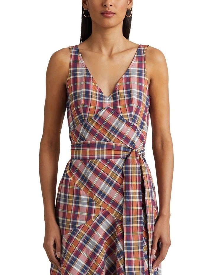 Belted Cotton Madras Sleeveless Dress in Red