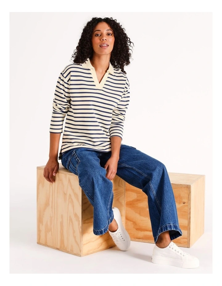Striped Polo Sweat Top in Ivory