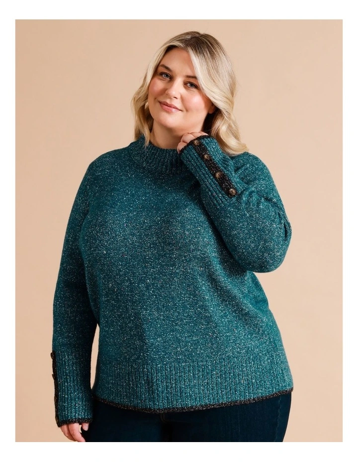 Stand Neck Jumper With Tipping In Teal/Black