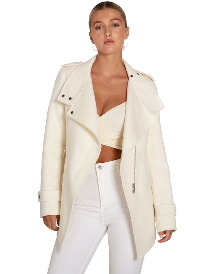 Bad Girl Wool Blend Moto Coat in Cream