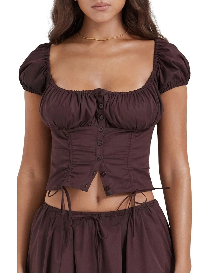 Kitty Gathered Top in Rich Brown