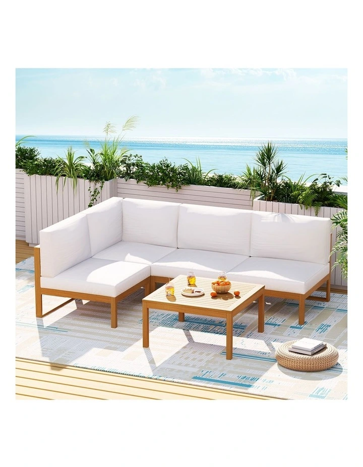 4-Seater Outdoor Wooden Sofa Set of 5 in Brown/White