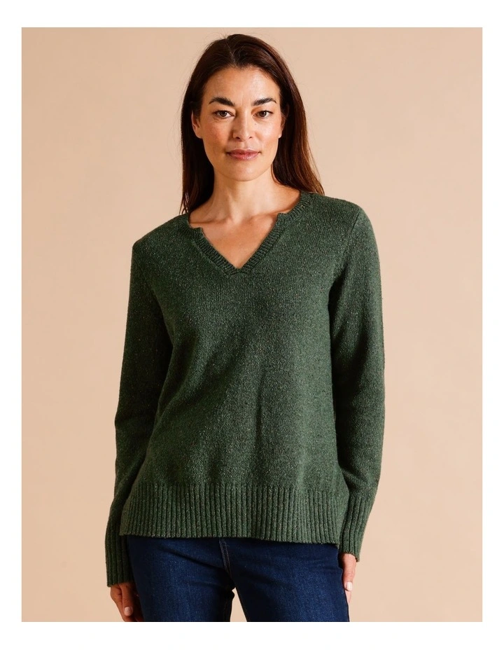Notch Neck Jumper In Khaki Fleck