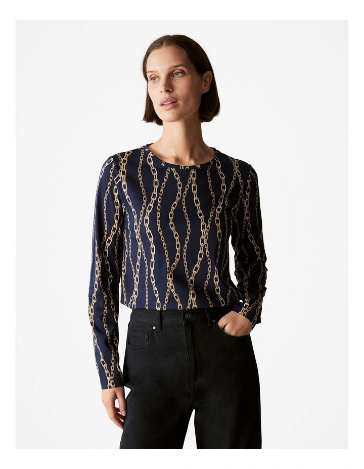 Pima Cotton Chain Print Relaxed Long Sleeved T-shirt in Night Sky