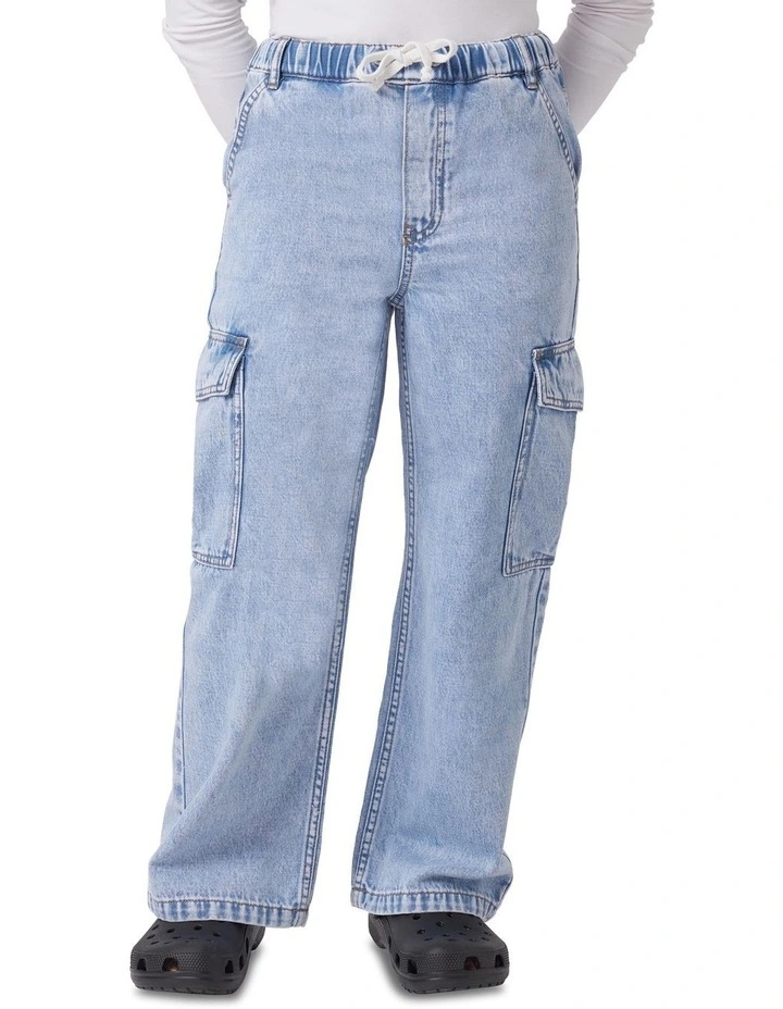 Denim Pull On Cargo Jeans in Blue