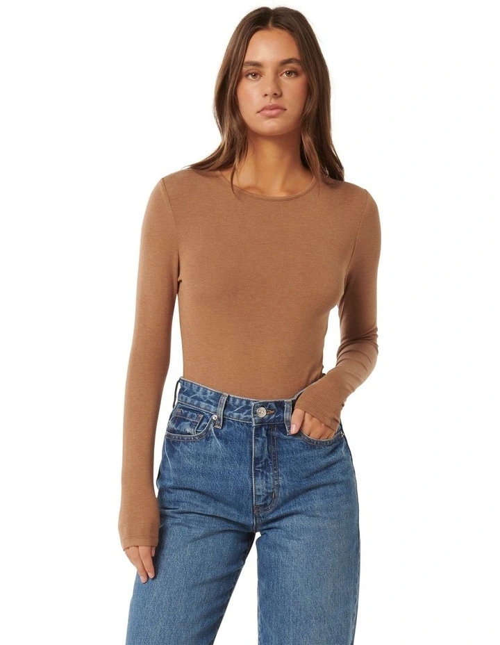 Janelle Long Sleeves Crew Neck Top in Brown