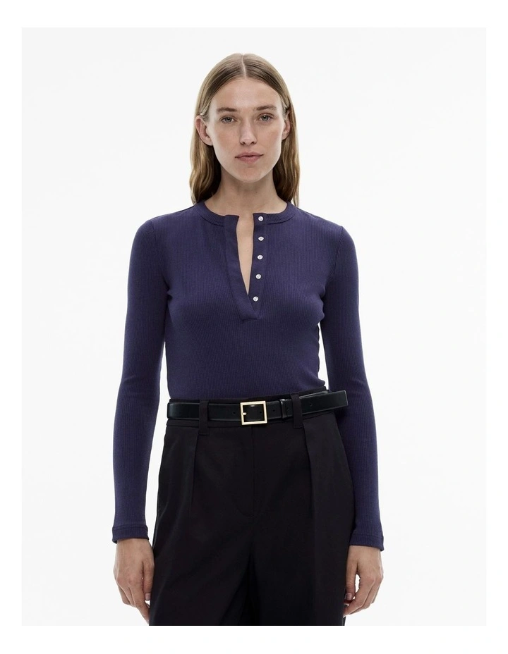 Cotton Blend Henley Top in Midnight
