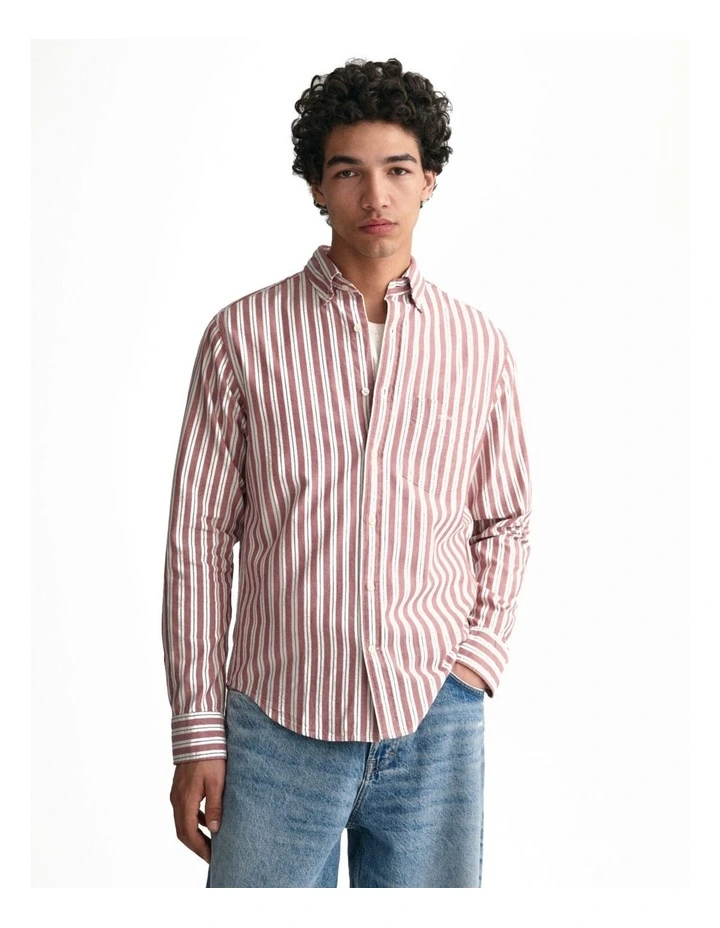 Regular Fit Striped Archive Oxford Shirt in Mahogany Red