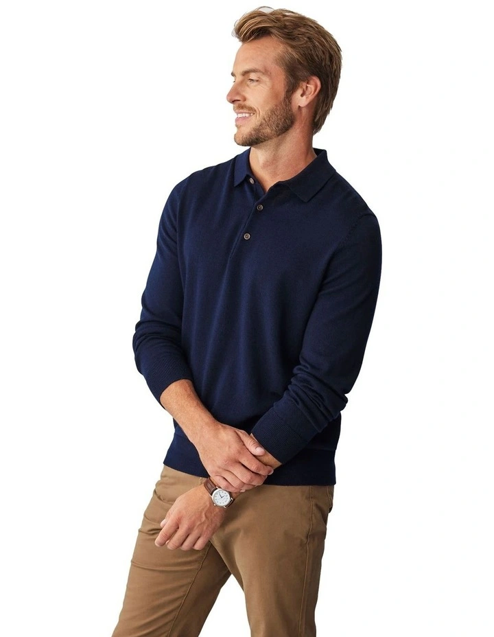 Merino Knit Long Sleeve Polo Shirt in Navy