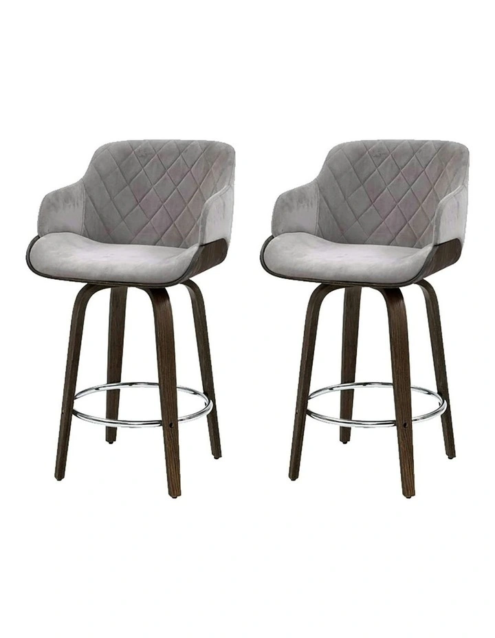 Wooden Swivel Velvet Padded Bar Stool Set of 2 in Grey