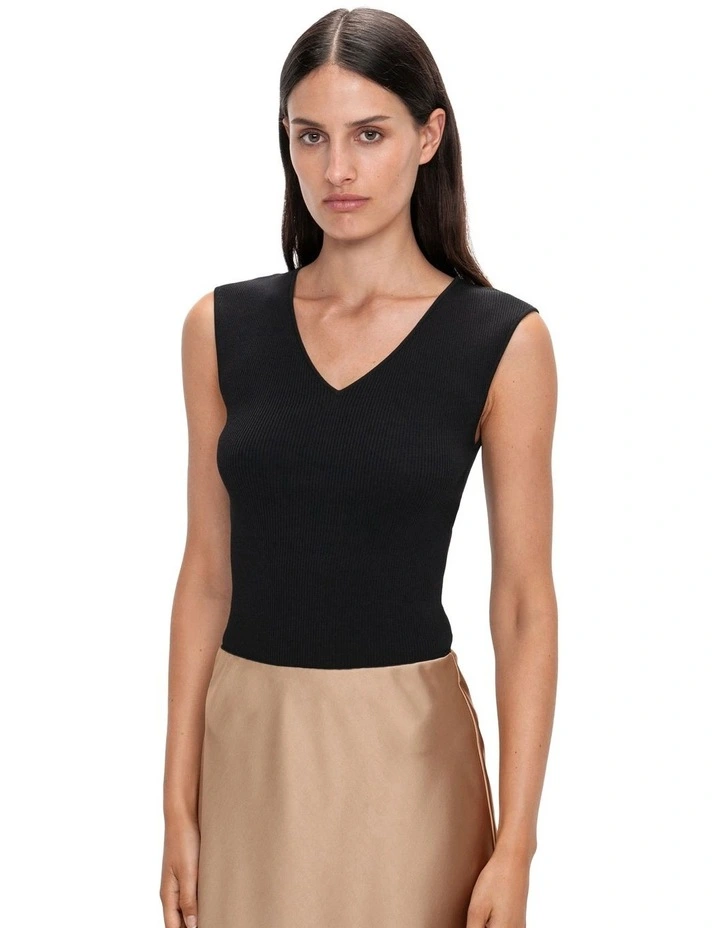 Ribbed Cap Sleeve V Neck Knit Top in Black