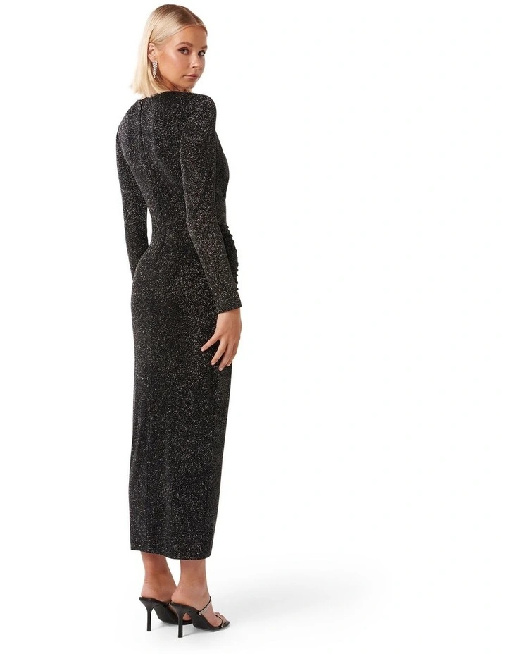 Shayna Ruched Front Long Sleeves Midi Dress in Black